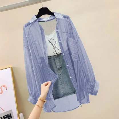 Blusa elegante de gasa transparente de manga larga con protección solar para mujer, estilo coreano, holgada, estilo cárdigan playero de verano.