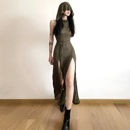 Grunge Dress y2k Women Clothes Solid Color Sleeveless Hollow Out Back Slit Hooded Dress 2000s Halloween Party Dresses