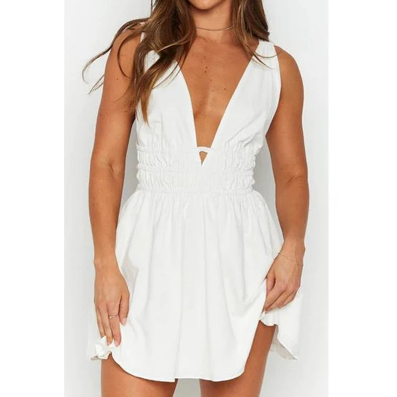 Vestido floral de verano para mujer, escote en V profundo, corte bajo, sin mangas, corte A, minivestido Y2K, vestido informal para playa, fiesta y club.
