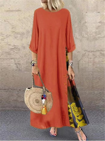 Vestidos largos vintage de lino y algodón para mujer, mangas tres cuartos, estampado empalmado, holgados, línea A, moda informal, maxivestido para mujer