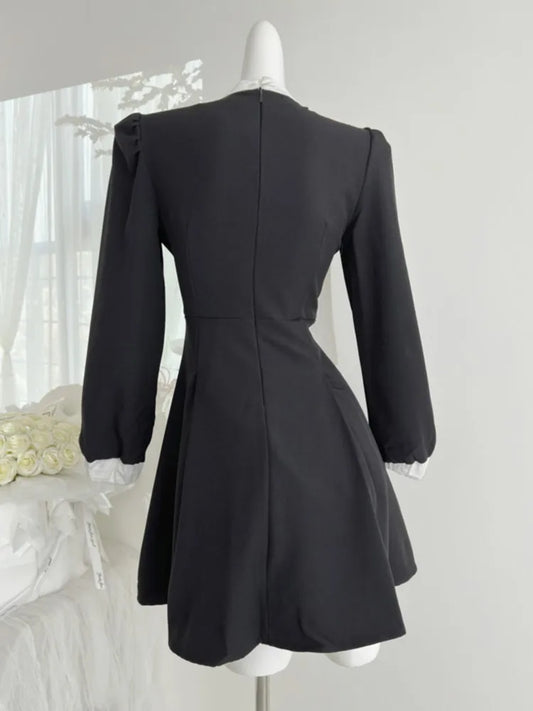 Elegantes vestidos de noche para mujer, con patchwork, cuello redondo, mangas largas, corte A, vestido de fiesta, moda coreana, estilo retro francés, vestidos para mujer