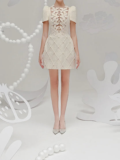 Elegante vestido corto estilo europeo con estampado floral 3D, cuello redondo, cuentas huecas, moda para mujer, primavera-verano 2025, 1346