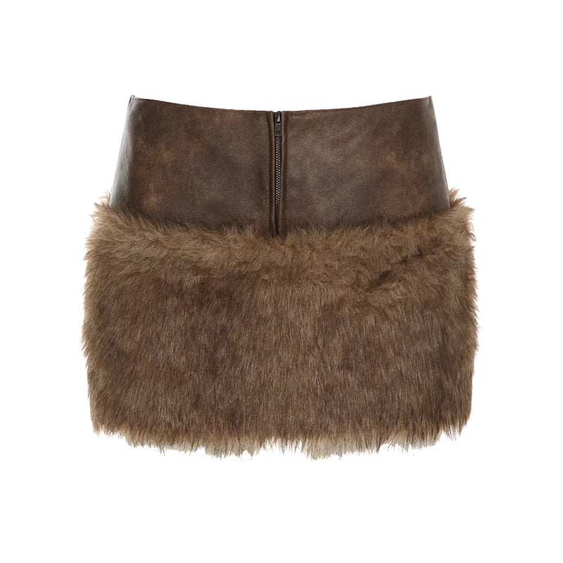 Wild Fashion Zipper Pu Patchwork Faux Fur Women¡¯s Skirts Chic Sexy Skinny Mini Leather Skirt Gyaru