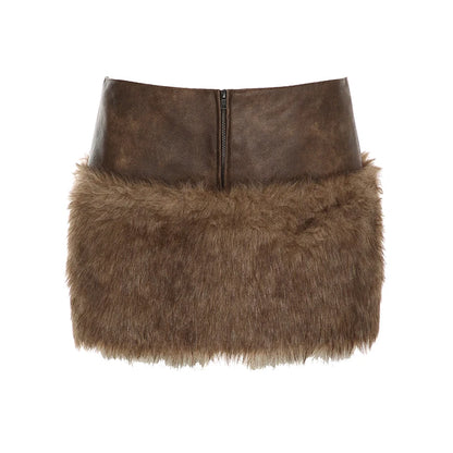 Wild Fashion Zipper Pu Patchwork Faux Fur Women¡¯s Skirts Chic Sexy Skinny Mini Leather Skirt Gyaru