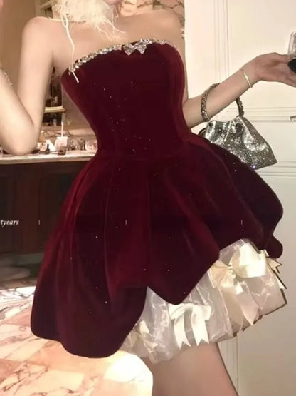 Fashion New Women Vintage Velvet Party Dress Sleeveless Elegant Mesh Patchwork Christmas Short Dress Female Clothes Vestidos