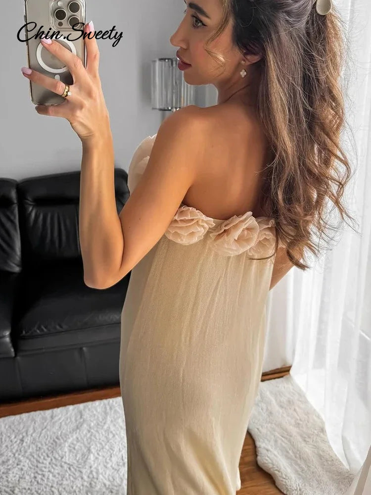 Elegant 3D Flower Knit Long Dress Women Off Shoulder Backless Loose Party Beach Vacation Dresses 2025 Spring Lady Knitwear New