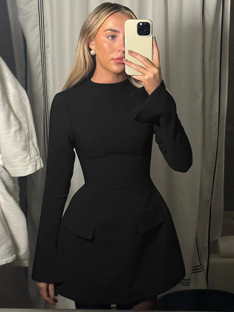 Elegante minivestido ajustado de manga larga para mujer, corte A, cintura alta, dos bolsillos, liso, para otoño e invierno, nuevo vestido de fiesta para mujer