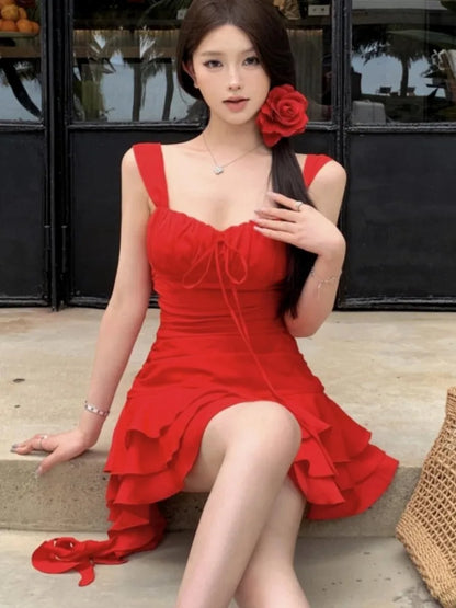 Vestidos cortos de verano para mujer, estilo playero, con tirantes finos y volantes, corte A, para fiesta de cumpleaños, estilo coreano chic