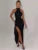 Vestido largo sexy con abertura hasta el muslo y brillo para mujer, vestido negro de cuello medio alto, sin mangas, sin espalda, ajustado y sexy