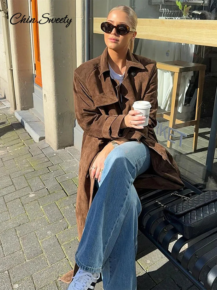 Elegante gabardina larga de ante para mujer, con cinturón, doble botonadura, manga larga, cortavientos marrón, ropa de calle de otoño para mujer, nueva