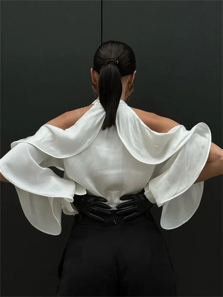 Blusa informal blanca con volantes para mujer, estilo patchwork, con hombros descubiertos, elegante, lisa, de cintura alta, estilo urbano, de verano