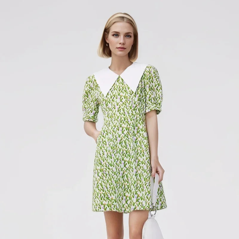 Dress Women Contrast Color Big Lapel Summer New Full Print Waist Textured Skirt Fresh For Women