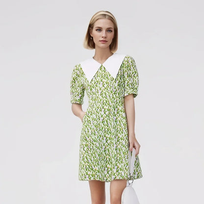 Dress Women Contrast Color Big Lapel Summer New Full Print Waist Textured Skirt Fresh For Women