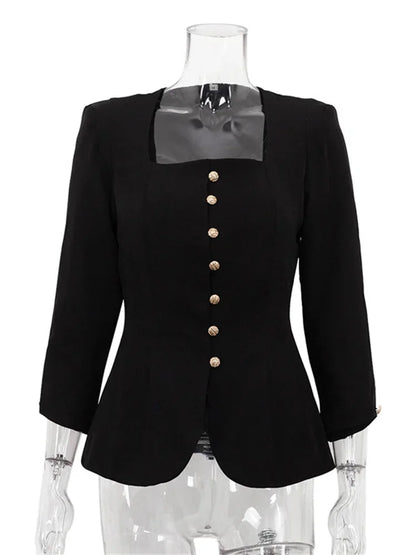 Autumn Square Collar Outwear Female Elegant Commute Cropped Long Sleeve Streetwear Patchwork Cardigan Solid Coat Ladies