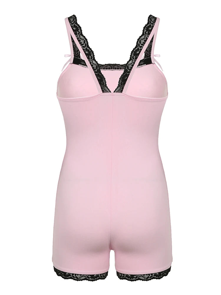 Monos ajustados y sexys con cuello cuadrado y parches de encaje en contraste para mujer, ropa bonita y estilo Y2K