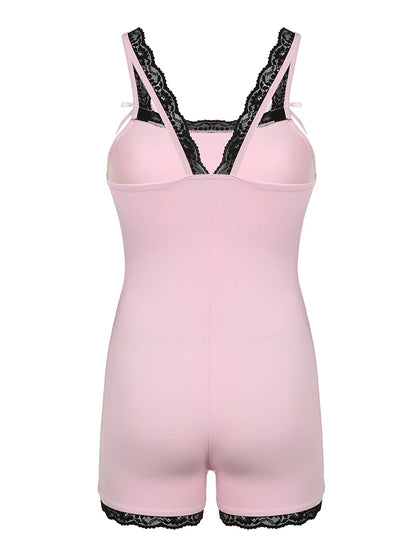 Monos ajustados y sexys con cuello cuadrado y parches de encaje en contraste para mujer, ropa bonita y estilo Y2K