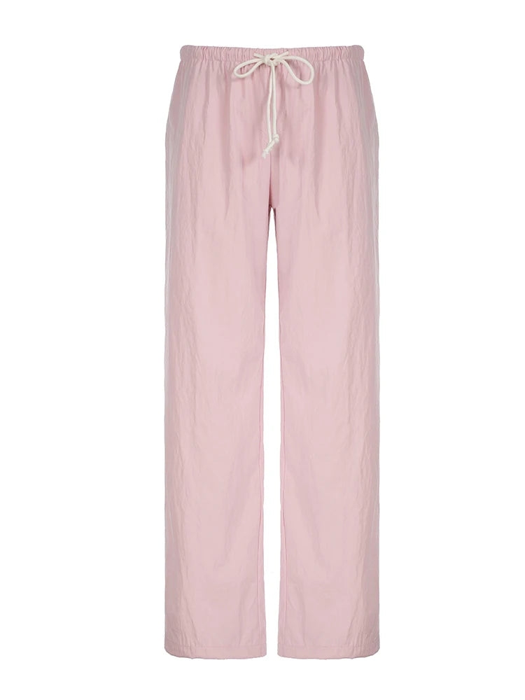 Pantalones de chándal holgados de color rosa liso, informales, de pierna recta, con cordón y cintura baja, estilo Y2K