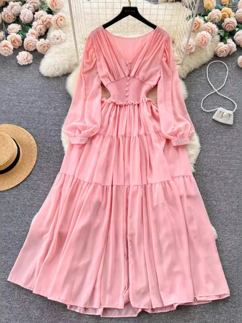 Vestido largo de gasa vintage para mujer, elegante, con escote en V, manga larga, informal, plisado francés, ajustado, corte A, largo
