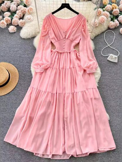 Vestido largo de gasa vintage para mujer, elegante, con escote en V, manga larga, informal, plisado francés, ajustado, corte A, largo