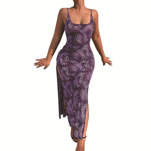 Vestidos largos ajustados con estampado de leopardo a la moda para mujer, vestidos sexis de corte bajo con espalda descubierta y abertura en la cadera, ropa de calle femenina de verano, novedad