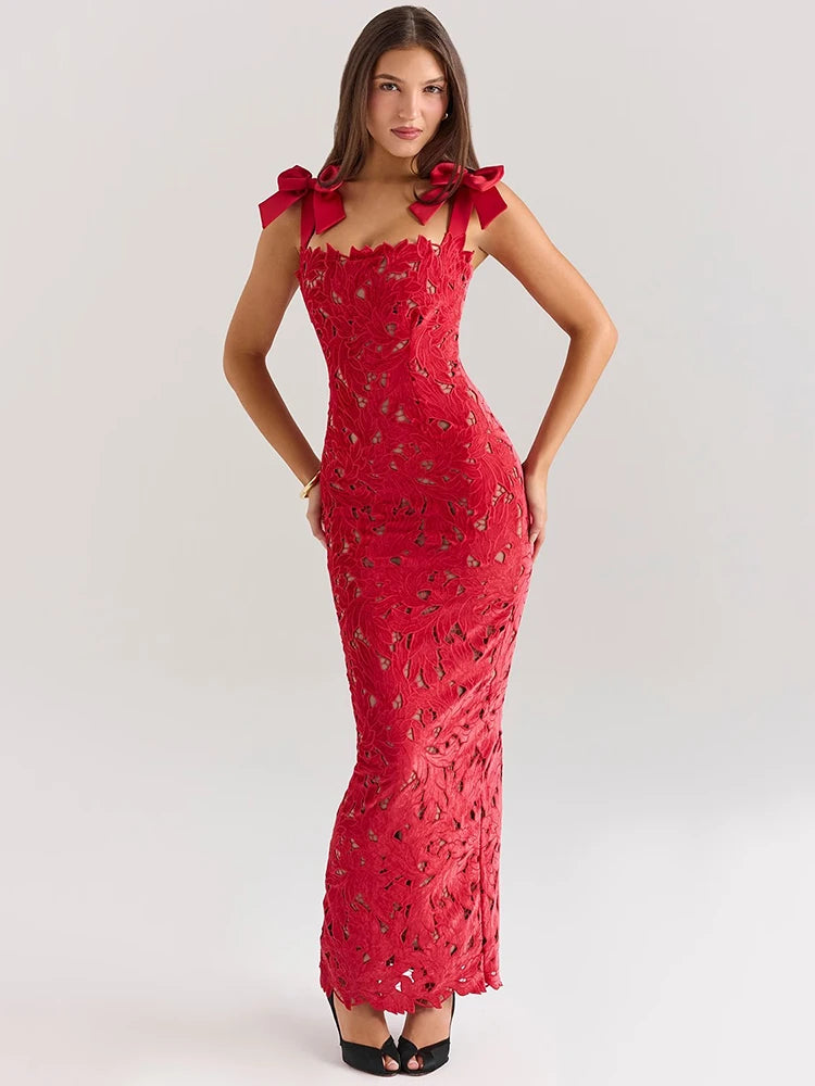 Vestido largo sexy de encaje con lazos para mujer, a la moda, sin mangas, con espalda descubierta, ajustado, para fiesta de cumpleaños de Año Nuevo y club.