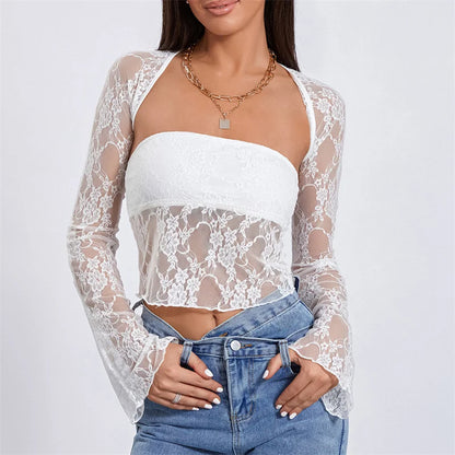 Top de tubo con bolero para mujer, sexy, transparente, sin tirantes, bandeau, chaleco y manga larga, ropa de encaje para fiesta y club.