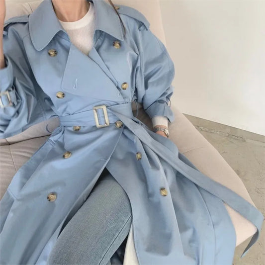Women Long Trench Coat New Spring Autumn Casual Lapel Double Breasted with Belt Loose Coat Office Lady Korean Fashion Outerwear