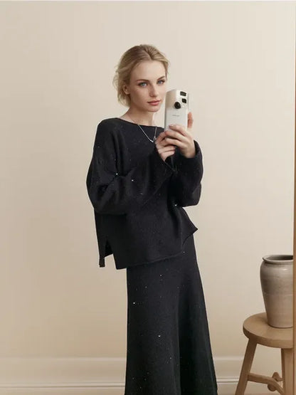 Sexy Soft Elegant Vintage Women Suits 2 Pieces Female Sets Slash Neck Sweater & Midi Dress Bling Knitted TrackSuit