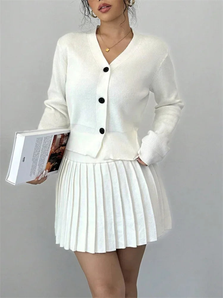 Vintage Female Knit 2 Piece-Set Pleated Skirts Casual Ribbed Cardigan Sweater And Skirt Sets Female Knitwear Outfits