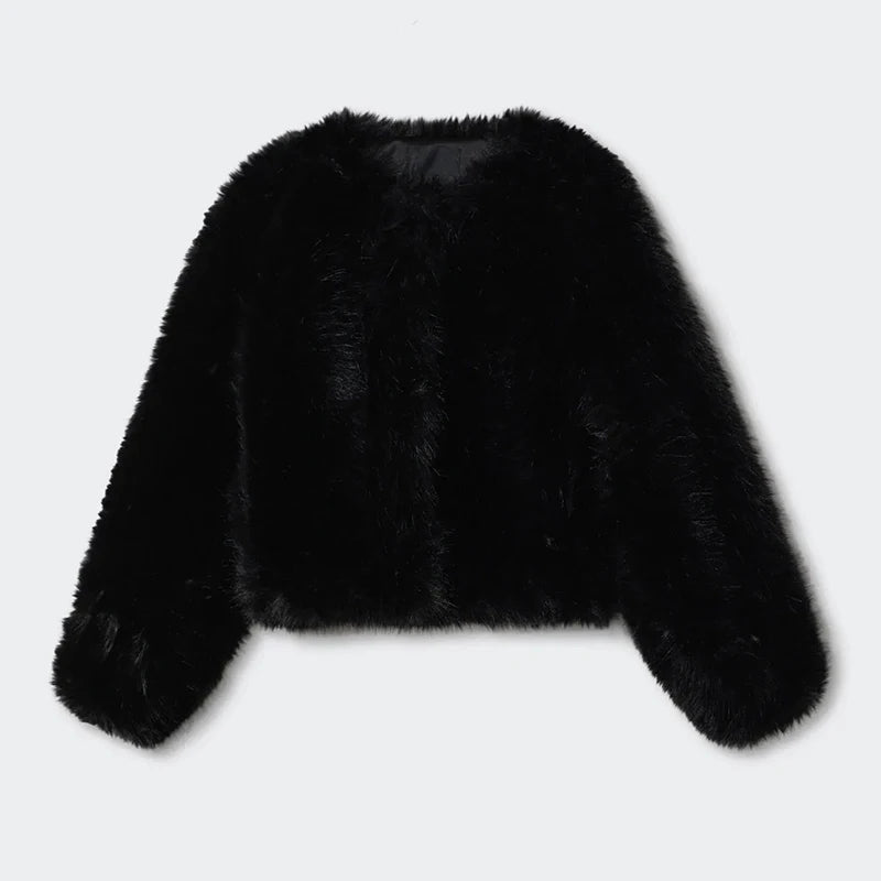 Abrigo de piel sintética corto, cálido y acogedor, de marca de moda, color negro, para mujer, elegante, de invierno, para chicas, de moda urbana, de lujo, chaqueta de piel corta.