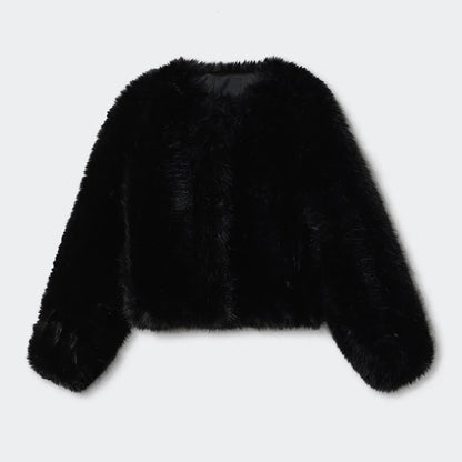 Abrigo de piel sintética corto, cálido y acogedor, de marca de moda, color negro, para mujer, elegante, de invierno, para chicas, de moda urbana, de lujo, chaqueta de piel corta.