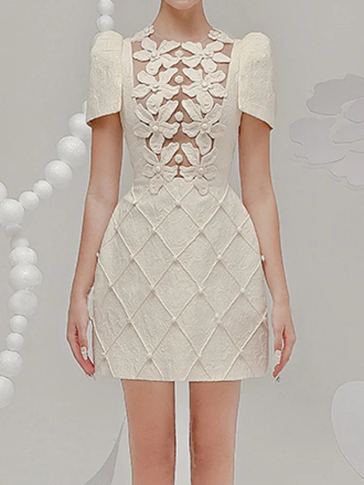 Elegante vestido corto estilo europeo con estampado floral 3D, cuello redondo, cuentas huecas, moda para mujer, primavera-verano 2025, 1346