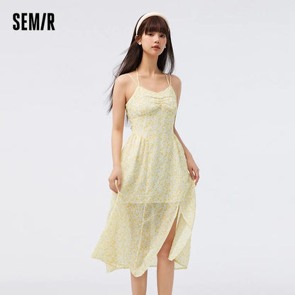 Vestido de mujer de gasa con tirantes altos y abertura, vestido de verano nuevo Sen Slim Fit con flores fragmentadas, suave