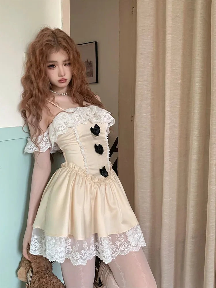 Y2K Lace Patchwork Princess Birthday Party Dress Ruffles A-line Spaghetti Strap Short Dresses for Women One Piece Prom Vestido