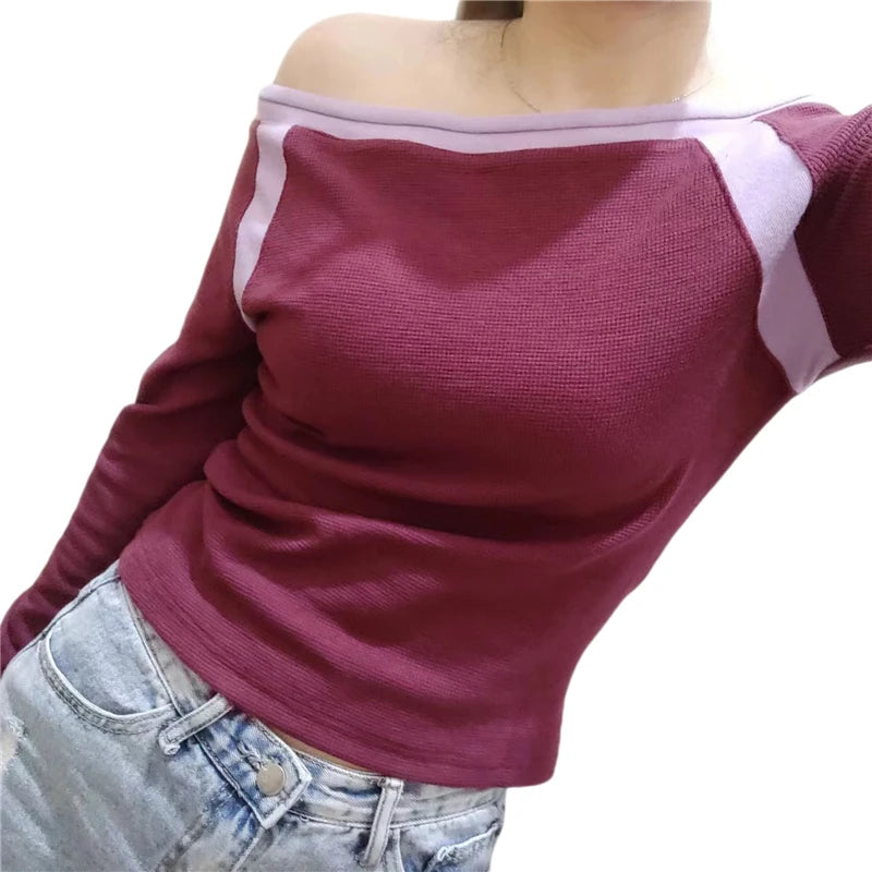 Fairy Grunge Top y2k Vintage Aesthetic Patchwork Off Shoulder Long Sleeve T Shirt 2000s Women Clothes Casual Streetwear