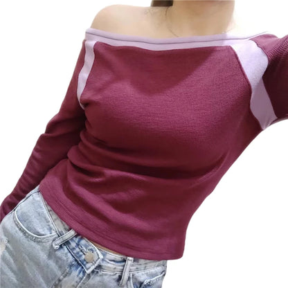 Fairy Grunge Top y2k Vintage Aesthetic Patchwork Off Shoulder Long Sleeve T Shirt 2000s Women Clothes Casual Streetwear