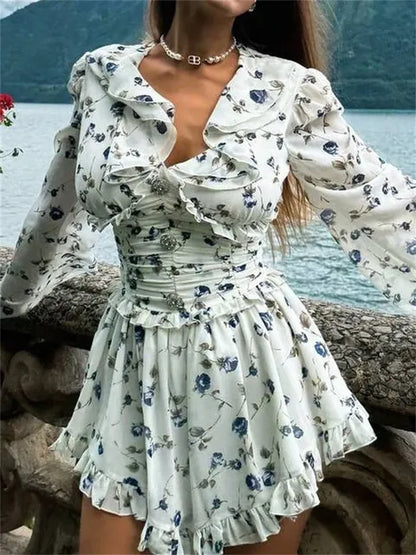 Vestido mini con volantes, cuello en V, estampado, vendaje para mujer, moda de otoño, con cordones en contraste, vestido de fiesta para mujer