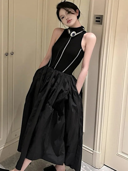 Vestidos casuales de punto negros para mujer, vestido tipo chaleco sin mangas, corte A, moda coreana, cuello medio alto, otoño, nuevo vestido