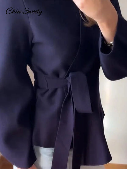 Vintage Lace Up Knit V-neck Jacket Women Solid Full Sleeve Loose Cardigan Top New 2025 Spring Elegant Lady High Street Outwear