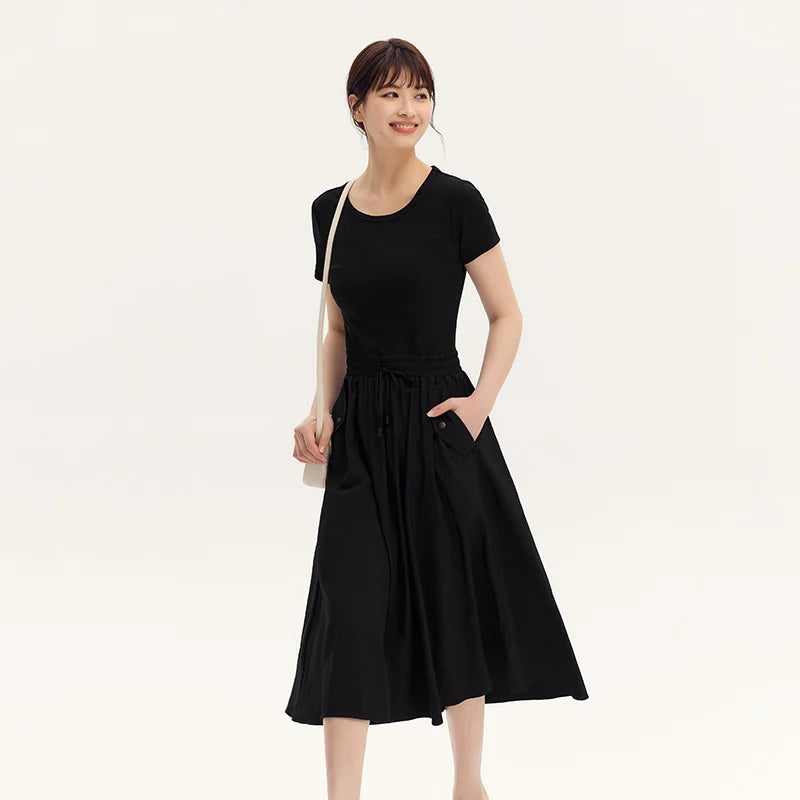 Dress Women Slim-Fit Waist-Cinching Dress  Summer New Fake Two-Piece Round Neck Midi Versatile Dress