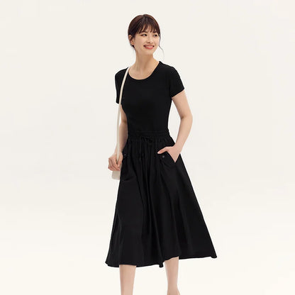 Dress Women Slim-Fit Waist-Cinching Dress  Summer New Fake Two-Piece Round Neck Midi Versatile Dress
