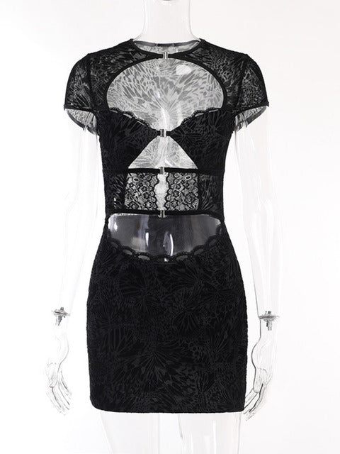 Vestido mini sexy con encaje calado y estampado para mujer, vestido de otoño nuevo negro sin tirantes, manga corta, ajustado, sexy, para club.