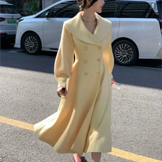 Abrigos largos de invierno para mujer, de moda, con solapa, cruzados, mangas farol, lisos, vintage, elegantes, de lana.