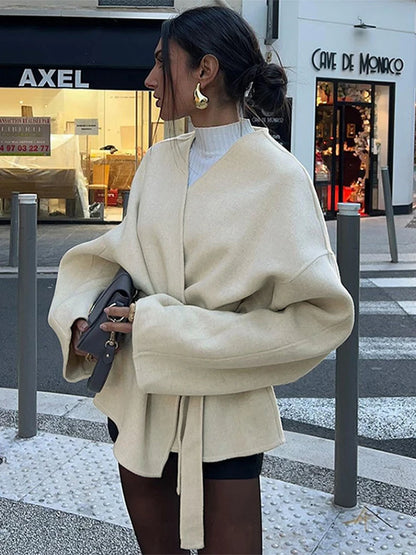 Abrigo elegante de lana de manga larga con cinturón para mujer, holgado, informal, con cuello en V, liso, corto, vintage, grueso y cálido, para otoño