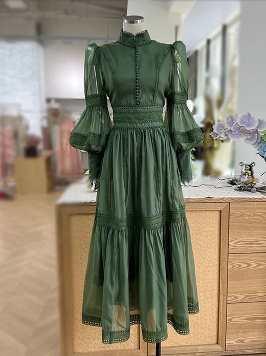 Elegante vestido largo estilo hada, cuello alto, mangas farol, cintura ajustada, moda para mujer, primavera otoño 2025, 1351