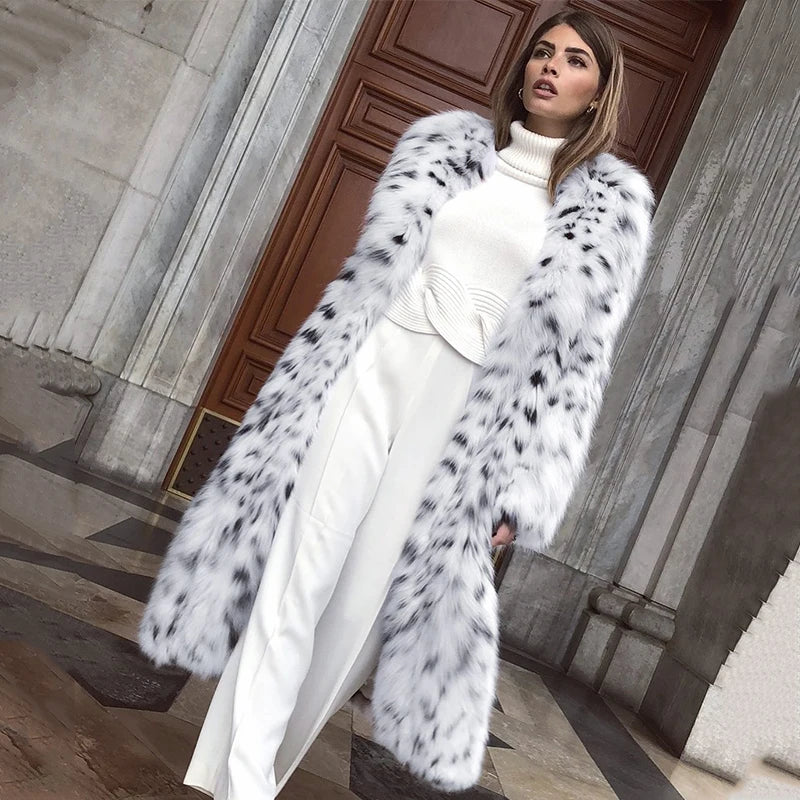Abrigos de piel sintética de leopardo de marca de lujo para mujer, abrigos largos con cinturón de invierno, abrigos de piel de zorro a la moda para mujer, prendas de vestir exteriores