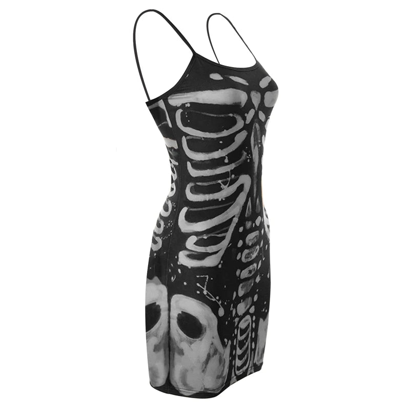 Vestido gótico de verano para mujer, con tirantes finos, sin mangas, estampado de huesos, minivestido Y2K, estilo punk estético