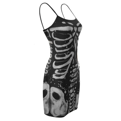 Vestido gótico de verano para mujer, con tirantes finos, sin mangas, estampado de huesos, minivestido Y2K, estilo punk estético