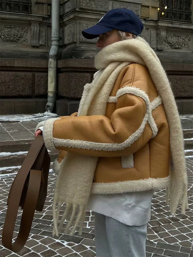 Suéter extragrande y esponjoso con solapa de PU para mujer, ropa de calle de moda con bolsillos de invierno y retazos, abrigo de lujo en contraste, nuevo