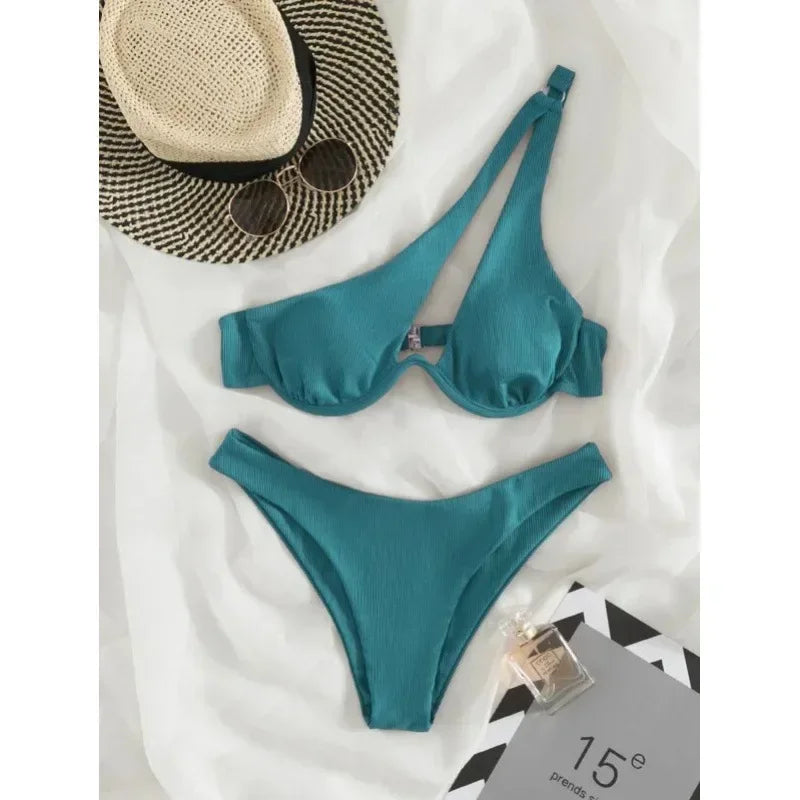 Luxury Two Pieces Solid Patchwork Underwire Push Up One Shoulder Cut Out Beachwear Swimwear Biqunis Brazilian Thong Bikini